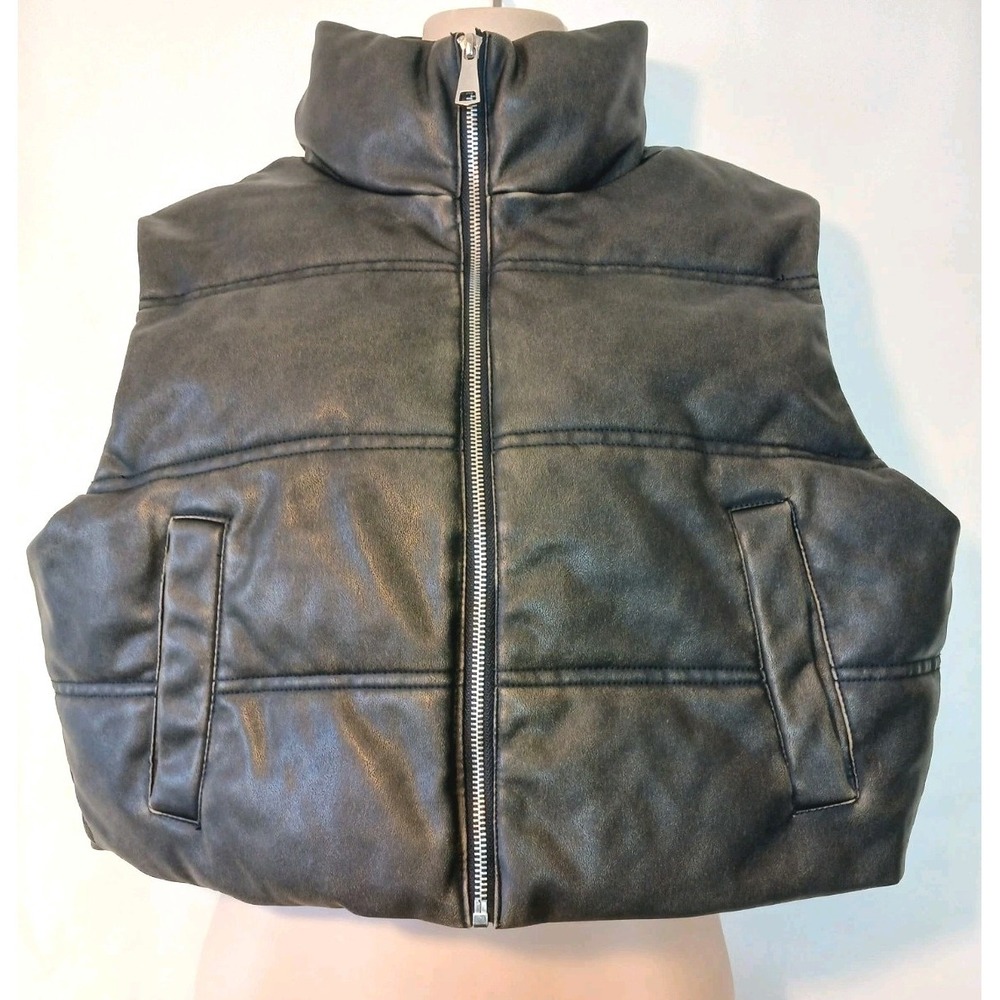 Zara Faux Leather Brown Puffer Vest with Front Pockets And Zipper Medium  D112